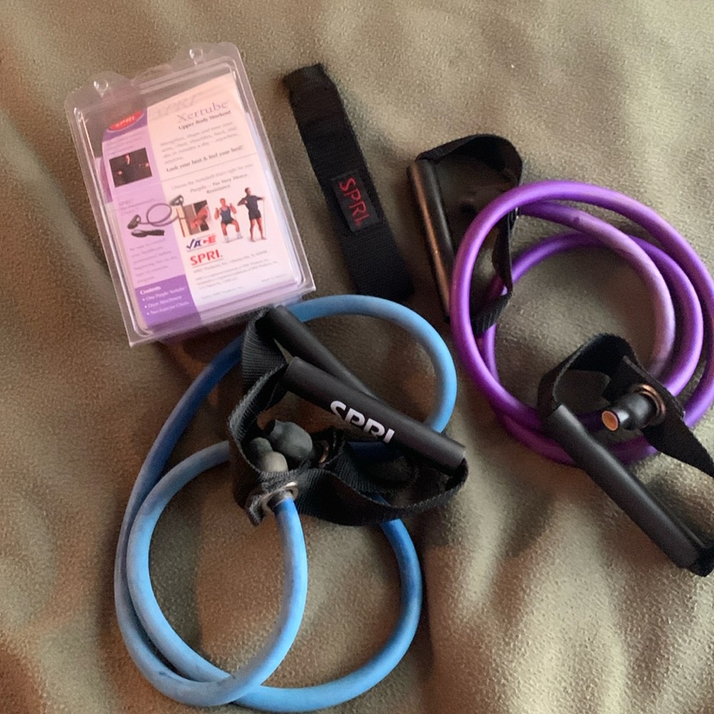 Spri purple and blue exercise bands with door attachment and exercise charts
